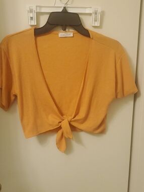 emory park Mustard Knit Tie-Front Crop Top
